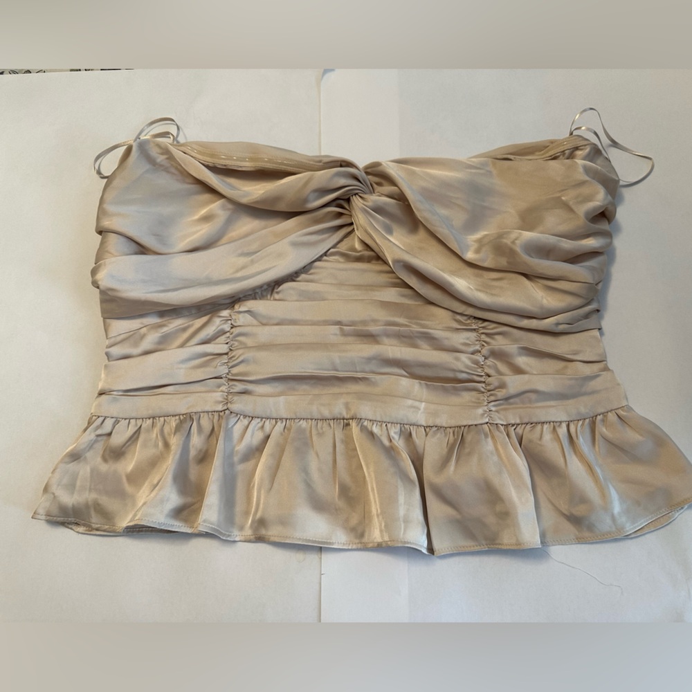 Express Elegant Tan Ruched Satin Top